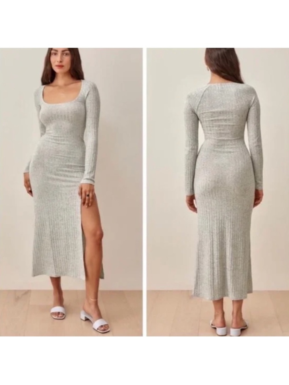 REFORMATION LEMON RIPPED LONG SLEEVE MIDI DRESS